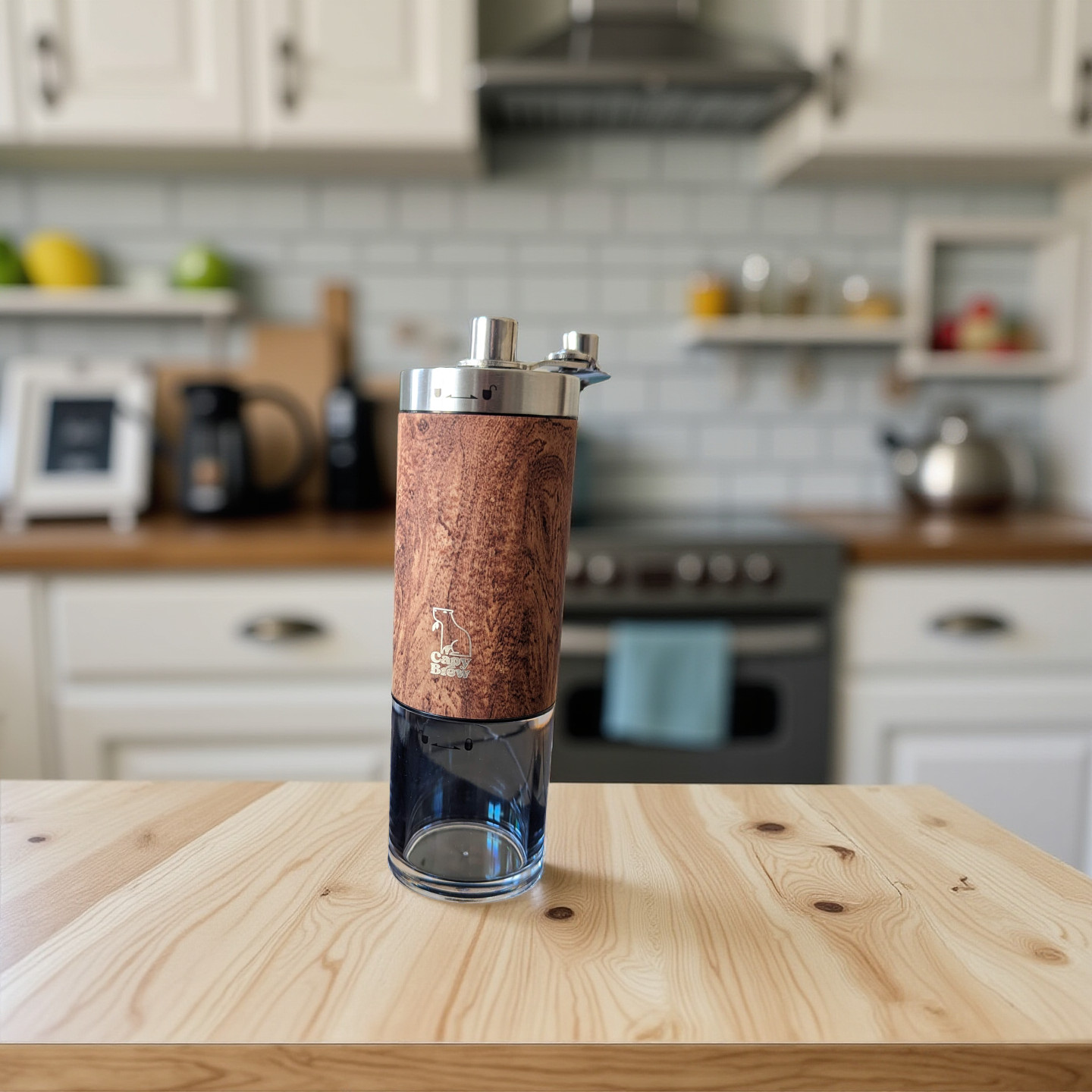 Capy Brew manual coffee grinder on a wooden kitchen counter